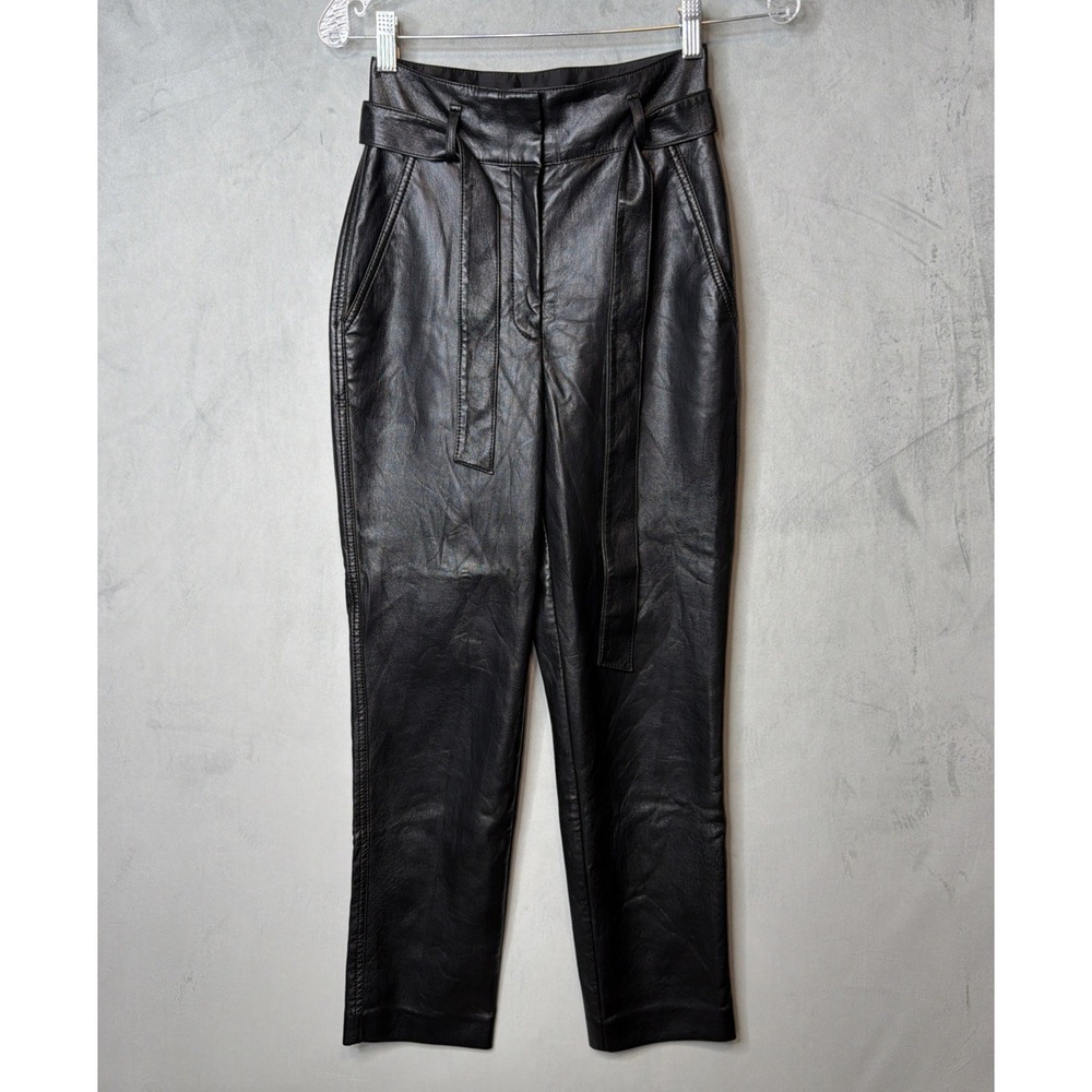Babaton Womens 00 Black Faux Leather Belted High Rise Pants Aritzia